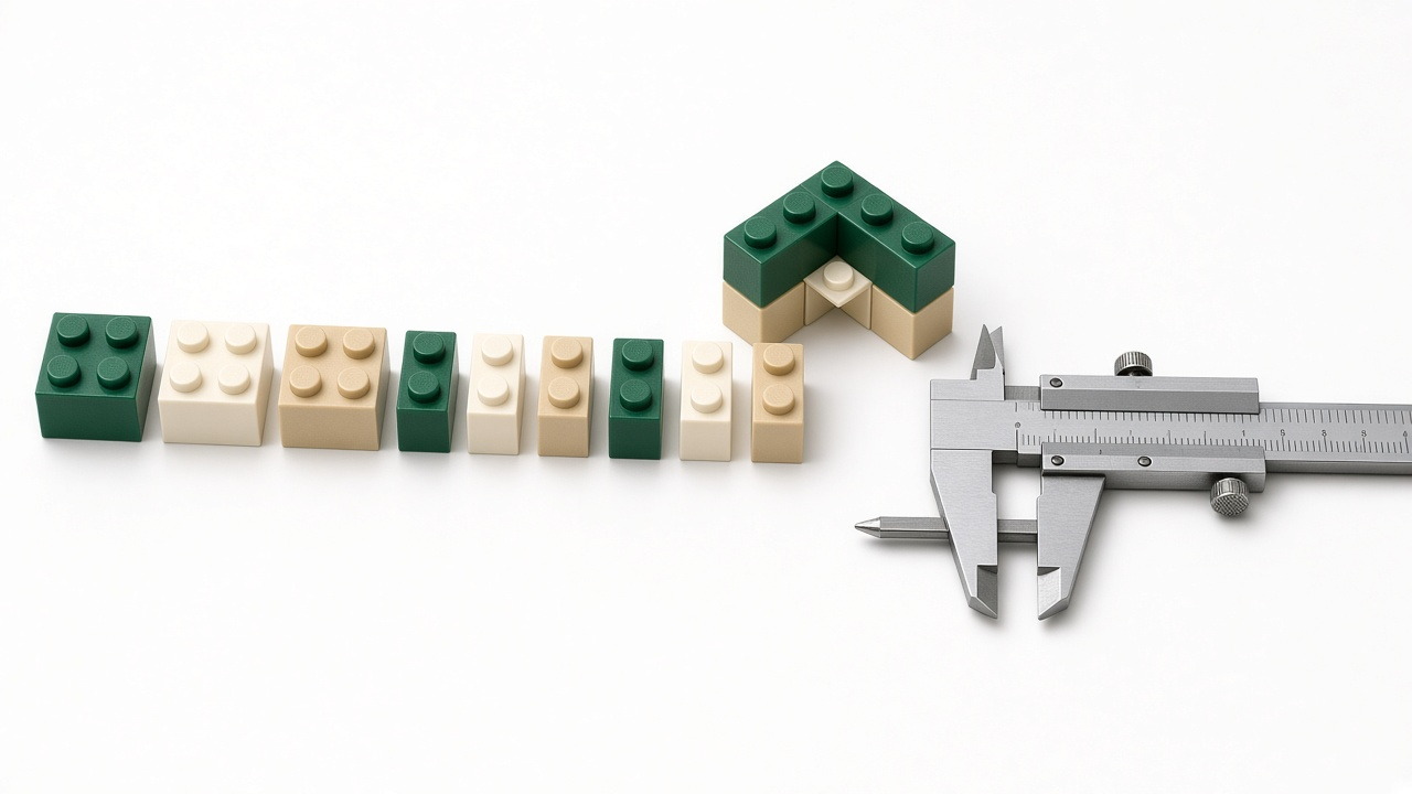 Loose bricks, a small assembly and a caliper on a white table