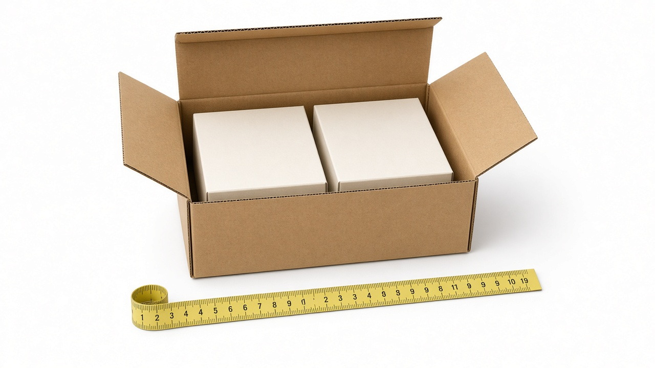 Two blank retail boxes inside an open carton, with a measuring tape