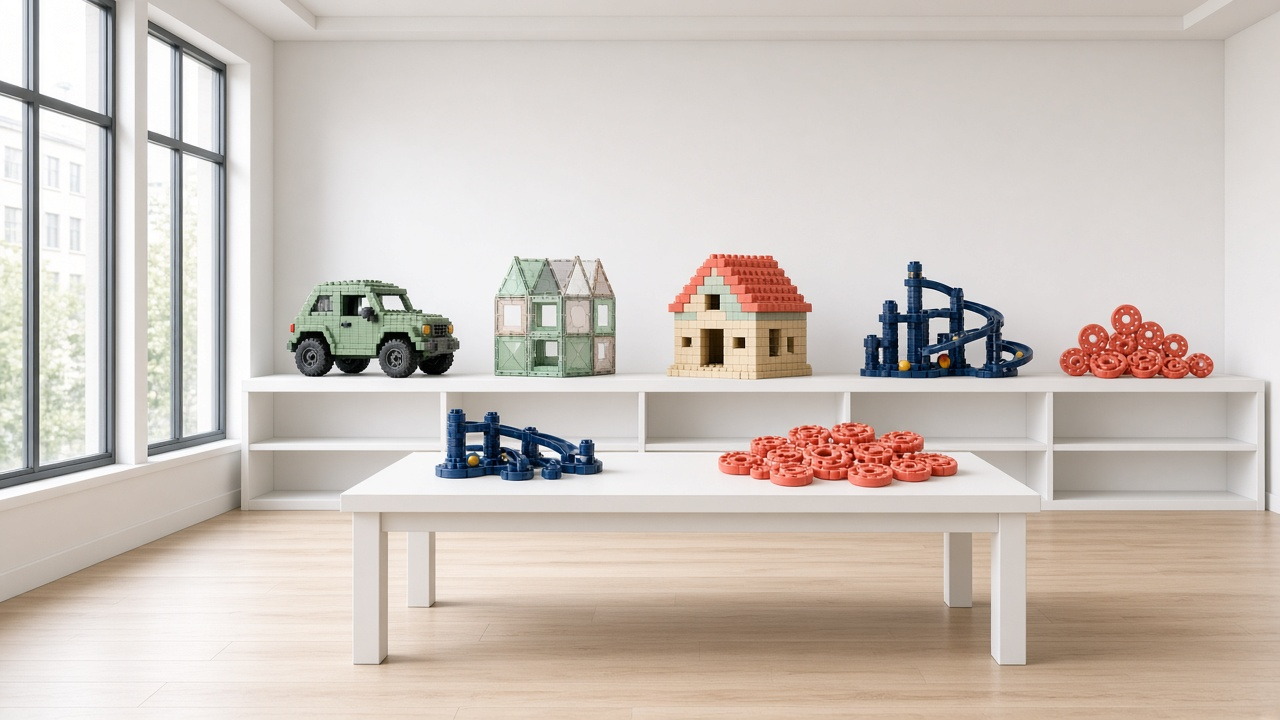 Sample display of unbranded building toys on open shelves