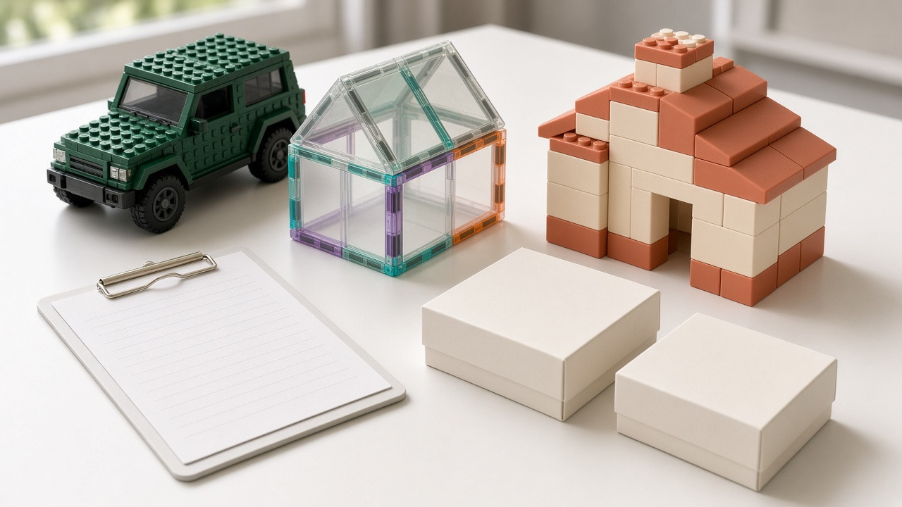 Built sets, blank boxes and a blank brief on a review table
