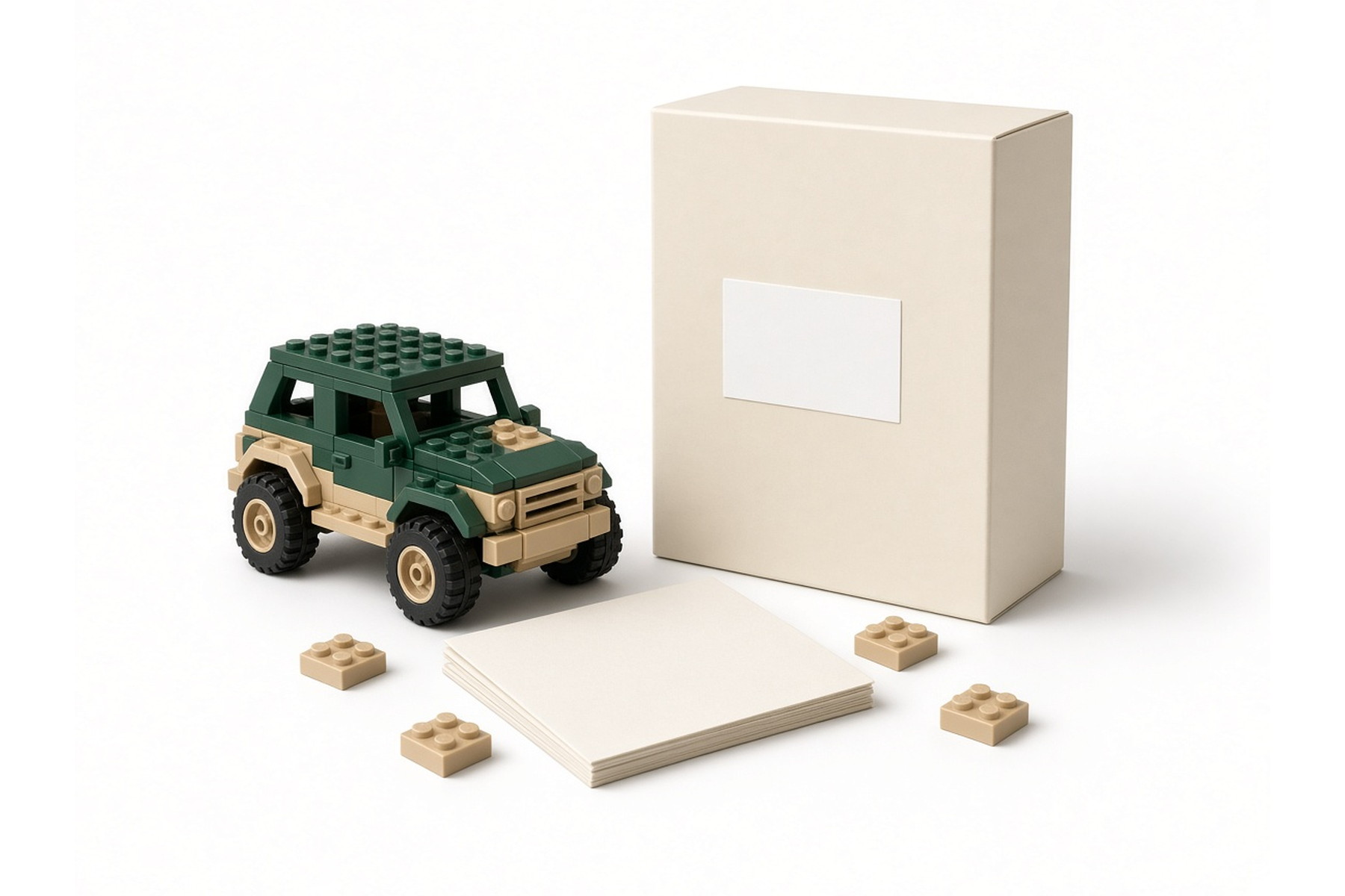 Blank retail box with an empty label area beside an unbranded brick vehicle